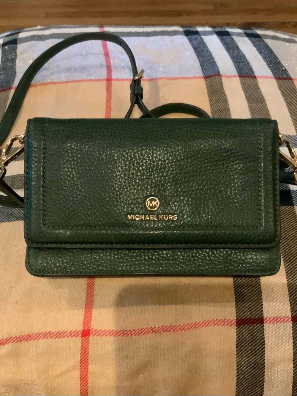 Michael Kors Dark Green Pebbled Leather Crossbody Wallet with Gold Hardware
